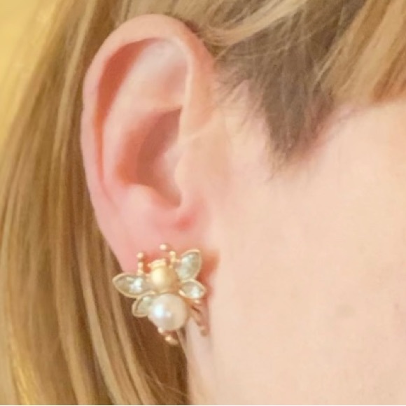 Cubic Zirconia Insect Stud Earrings with Acrylic Pearl, Real 16 K G NWOT - Picture 2 of 5